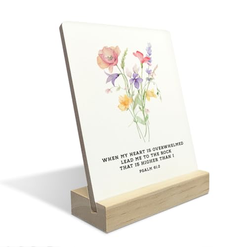 Christian Home Decor, Religious Gifts, Bible Verse Decor, Inspirational Wooden Plaque Sign Christian Decoration for Home Office Shelf Decor - color: When My Heart Is Overwhelmed Lead Me To The Rock That Is Higher Than I Psalm 61:2