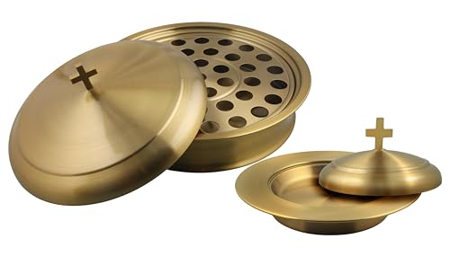 Communion Ware Holy Wine Serving Tray with A Lid & A Stacking Bread Plate with A Lid - Stainless Steel (Brass/Gold) - color: Brass/Gold