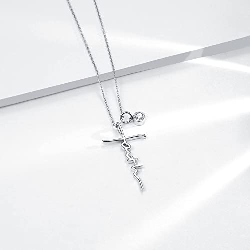 PRAYMOS Faith Cross Necklace for Women 925 Sterling Silver Pendant Necklace With Birthstone Initial Christian Religious Confirmation Baptism Mothers Day Gifts - color: 2-Silver April(Clear Cubic Zirconia)