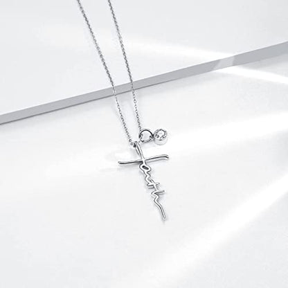 PRAYMOS Faith Cross Necklace for Women 925 Sterling Silver Pendant Necklace With Birthstone Initial Christian Religious Confirmation Baptism Mothers Day Gifts - color: 2-Silver April(Clear Cubic Zirconia)