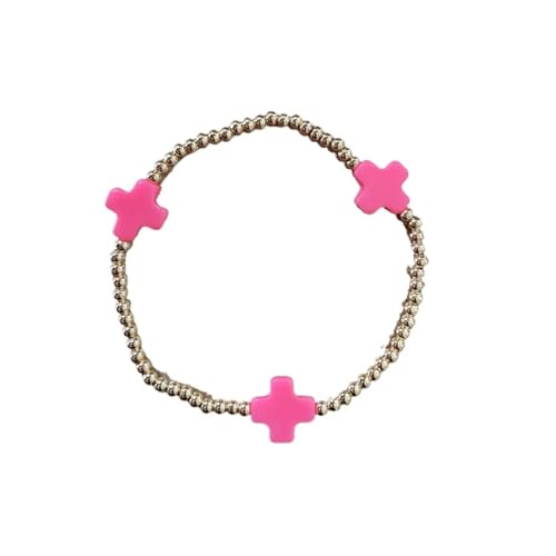 Colorful Cross Charm Bracelets for Women Men Adjustable Gold Plated Beaded Bracelet Boho Bead Ball Stretch Bracelet Birthday Summer Beach Jewelry - color: Rose Red