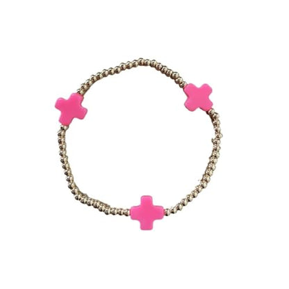 Colorful Cross Charm Bracelets for Women Men Adjustable Gold Plated Beaded Bracelet Boho Bead Ball Stretch Bracelet Birthday Summer Beach Jewelry - color: Rose Red