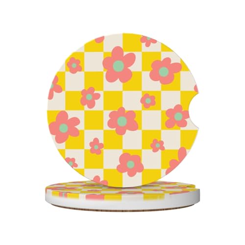 Checkered Yellow Red Flower Car Coasters for Cup Holders,2 Pack Car Cup Holder Coasters for Car,Ceramic Absorbent Car Coaster with A Finger Notch and Cork Base,Car Interior Accessories for Women Men - color: Checkered Yellow Red Flower