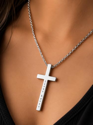 Engraved Cross Necklace for Men, Women & Boys & Girls Cross Necklace, Stainless Steel Cross Pendant Necklace, Faith & Inspiration Christian Jewelry Gift - color: Jesus Saves