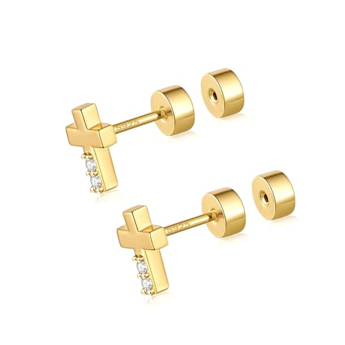 CEROUNO Flat Back Stud Earrings - 925 Sterling Silver Post Flatback Earrings Gold Silver Cubic Zirconia Earrings Studs for Women - color: Gold Cross