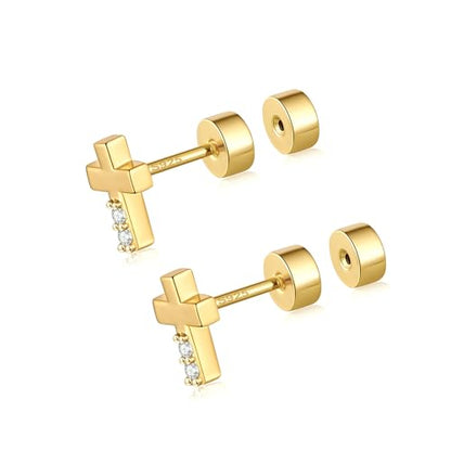 CEROUNO Flat Back Stud Earrings - 925 Sterling Silver Post Flatback Earrings Gold Silver Cubic Zirconia Earrings Studs for Women - color: Gold Cross