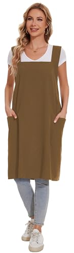 Linen Cotton Aprons for Women Smock Cross-Back Apron with Pockets - color: 07-brown, size: Large