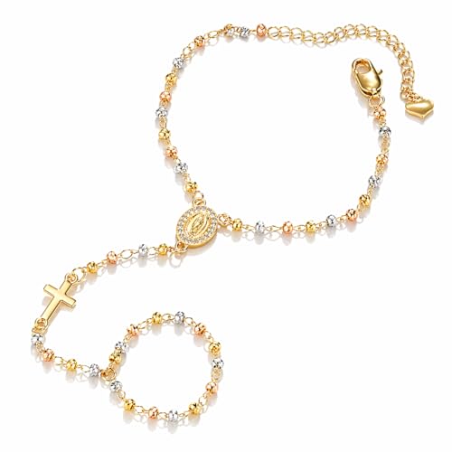 Rosary Bracelet for Women, Colorful Beaded Ring Bracelet Hand Chain with Virgin Mary Medal and Cross Charm, Catholic Religious Jewelry Gift