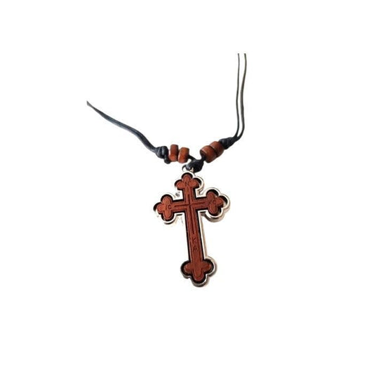 Iconsgr Greek Wood-Metal Cross Pendant Necklace Two-Sided From Mt. Athos / 52