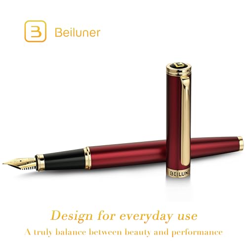 BEILUNER Red Fountain Pen,Stunning Luxury Pens with 24K Gold Finish, Gorgeous 24K Gilded Nib(Fine), Trustworthy Pen Gift for Men&Women -Ink Converter-Elegant,Graduation,Office,Nice Pen for Writing - color: Red&Gold, style: Fine Nib