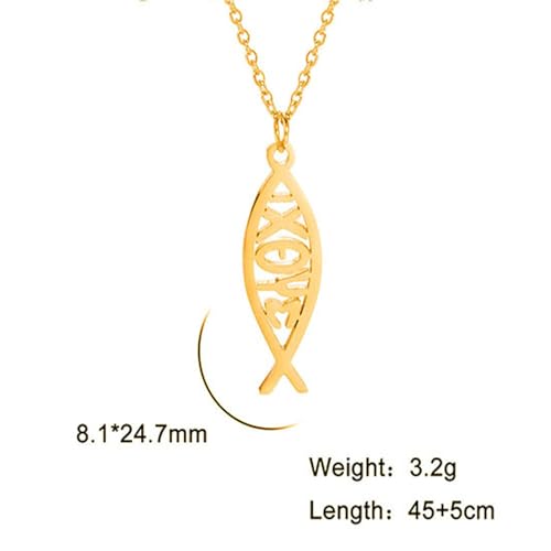 Ichthus Necklace for Women Christian Jesus Fish Necklace Christ Fish Cross Ichthys Pendant Necklace Ichthus Fish Religious Symbol Pendant Christian Jewelry Gift - color: Jesus Fish gold