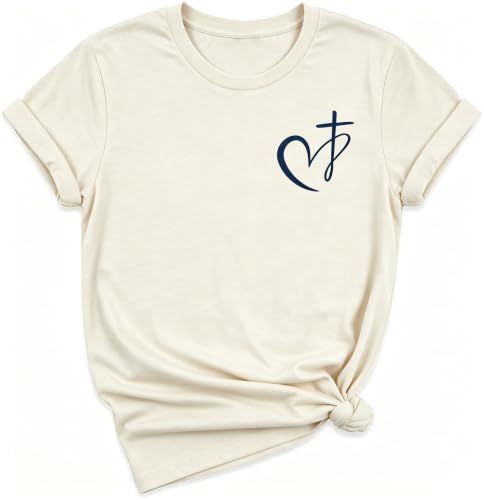 Muicy Women's Cross Heart Print Cotton Christian T-Shirts Religious Christian Tops for Summer Church 2026 - color: Apricot, size: Medium