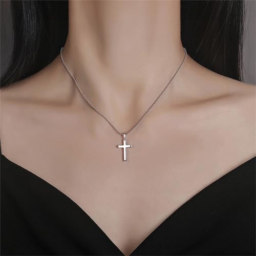 Small Dainty Cross Pendant Necklace 925 Sterling Silver for Women with 18", 20" Sturdy Chain 14K White Gold Plated - size: 18" Chain, style: Cuboid
