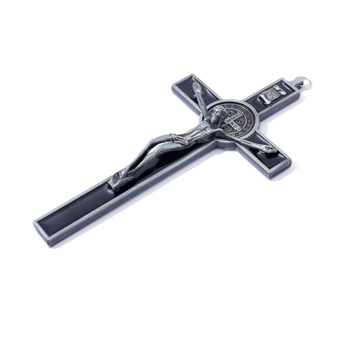 KOMI 7.5" Metal Crucifix Wall Cross with Black Enamel Catholic Jesus Cross - color: Black-Silver
