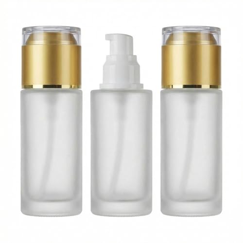 QUUPY 3Pcs 60ml/2oz Clear Frosted Glass Lotion Pump Bottles With Gold Lid - size: 60ml