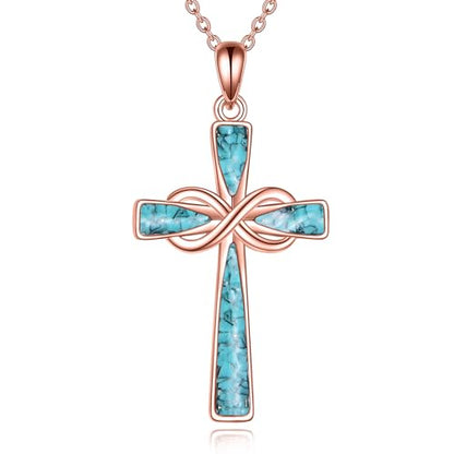 Infinity Cross Necklace S925 Sterling Silver Turquoise/Wooden/Opal/Abalone Cross Pendant Necklaces Christian Jewelry Gifts For Women - style: Rose Gold Turquoise Cross