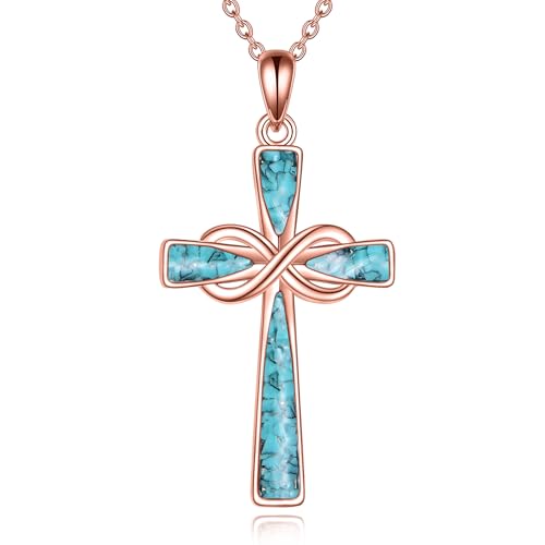 Infinity Cross Necklace S925 Sterling Silver Turquoise/Wooden/Opal/Abalone Cross Pendant Necklaces Christian Jewelry Gifts For Women - style: Rose Gold Turquoise Cross