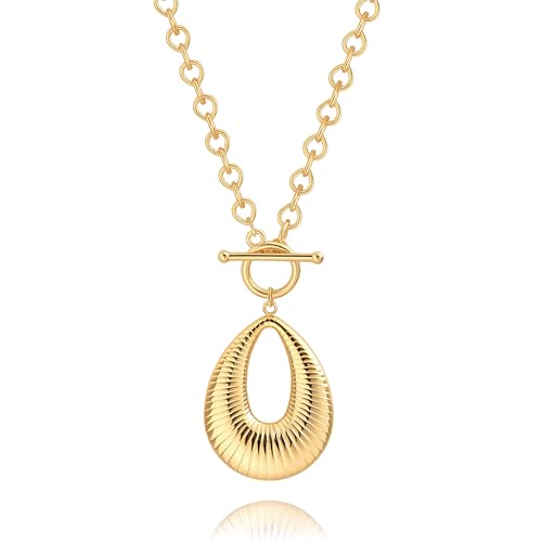 SOFYBJA Saint Benedict Necklace Drop 18K Gold Toggle Medallion Coin Cross Pendant Necklaces Religious Jewelry Catholic Gift for Women - color: Gold Chunky Striped Hollow Teardrop Necklace