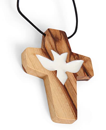 2 in Large Olive Wood Cross Necklace with White Dove, Christian Gift, Handcrafted Wooden Cross with Cotton Cord Ideal for Car Mirror. Faith Cross Pendant for the church & home, Certificate of Origin