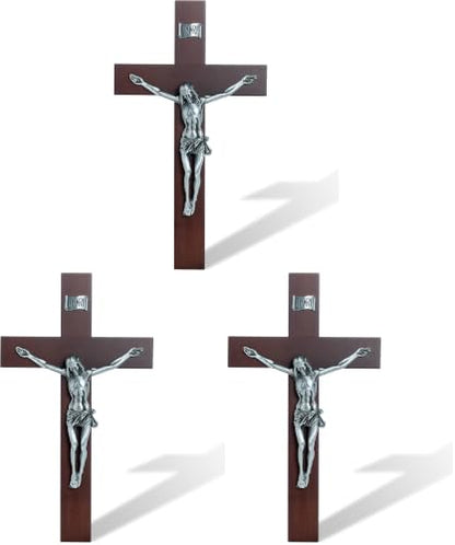 DCCXN Handmade Catholic Solid Wooden Wall Crosses,Crucifix Wall Crosses for Home Decor with Silver Jesus Christ-10 Inch (Pack of 3) - size: 10"L x 5.7"W (Pack of 3)