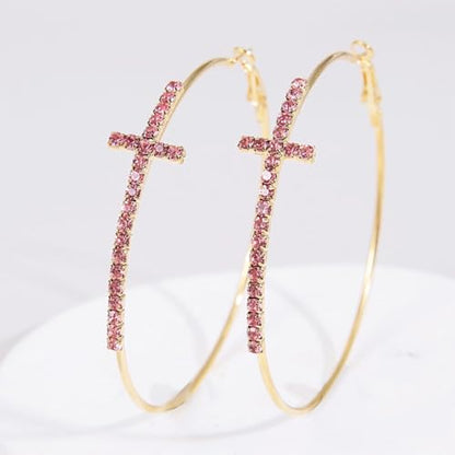 Large Cross Hoop Earrings for Women Sparkly Rhinestone Statement Jewelry for Prom Wedding Party Night Out Accessories Shiny Silver Tone Fashion Dangle Earings - color: Pink