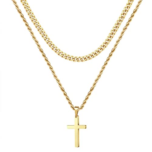 Ursteel Layered Cross Necklaces for Men - 18K Gold Plated Cross Necklaces Chain for Men Boys Gifts, Silver Rope Chain Layered Necklace Jewelry 16 18 20 22 24 Inch, First Communion Gifts for Boys - color: Gold, style: 22inch/24inch