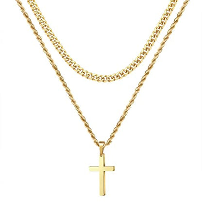 Ursteel Layered Cross Necklaces for Men - 18K Gold Plated Cross Necklaces Chain for Men Boys Gifts, Silver Rope Chain Layered Necklace Jewelry 16 18 20 22 24 Inch, First Communion Gifts for Boys - color: Gold, style: 16inch/18inch