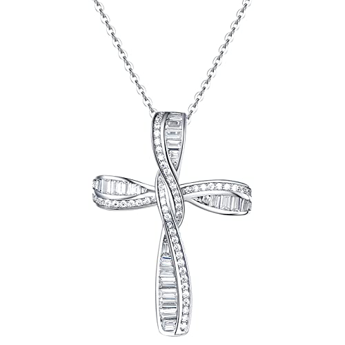 FANCIME Cross Necklace For Women Sterling Silver Cubic Zirconia Twisted Cross Infinity Open Loop Pendant Gift For Women, 18" Extender - color: Sliver Ribbon Shine