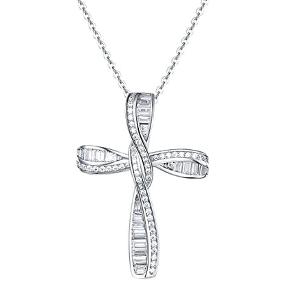 FANCIME Cross Necklace For Women Sterling Silver Cubic Zirconia Twisted Cross Infinity Open Loop Pendant Gift For Women, 18" Extender - color: Sliver Ribbon Shine