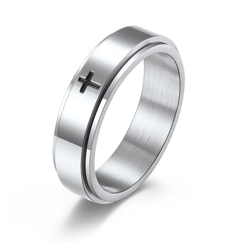 8MM Stainless Steel Cross Christian Ring Classic Plain Spinner Wedding Band for Men Women - color: 6mm - Silver