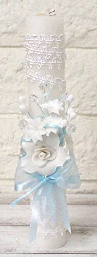 Beautiful Elegant Baptism Candle Flowers Crystals Cross Lace with Ribbon Favor, Christening, Blessing Day Ceremony Candle Gift Box (Blue) - color: Blue