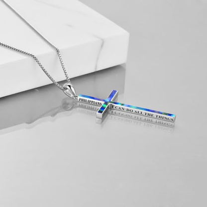 POPLYKE Cross Necklace 925 Sterling Silver Philippians 4:13 I Can Do All The Things Inspirational Necklace Gifts for Women Men 20+2'' - color: silver-Abalone