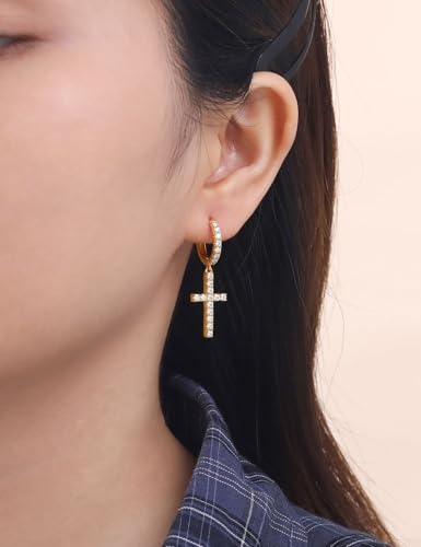 Moissanite Sterling Silver Cross Earrings for Women Huggie Drop - color: Cross Dangle (Gold)