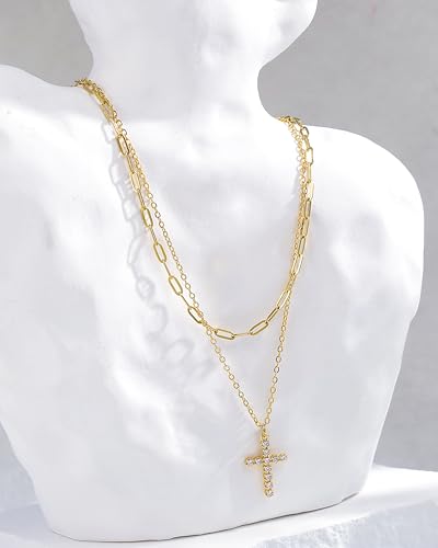 CONRAN KREMIX Waterproof Gold Layered Cross Necklace for Women Non Tarnish,14k Gold Plated Stainless Steel Dainty Cross Necklace Stack Necklaces Set for Women Christian Gifts Jewelry - color: Gold-Cross03