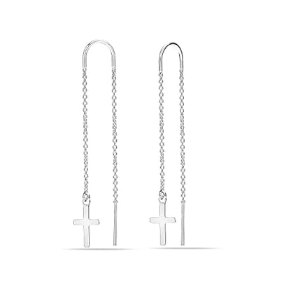 LeCalla 925 Sterling Silver Long Drop Earrings for Women | Lightweight Long Tassel Chain Threader Drop Dangle Earring for Women - color: Cross Threader