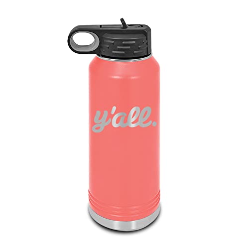 Y'all Laser Engraved Water Bottle Customizable Polar Camel Stainless Steel with Straw - southern script you all you’ll Coral 32 oz - color: Coral