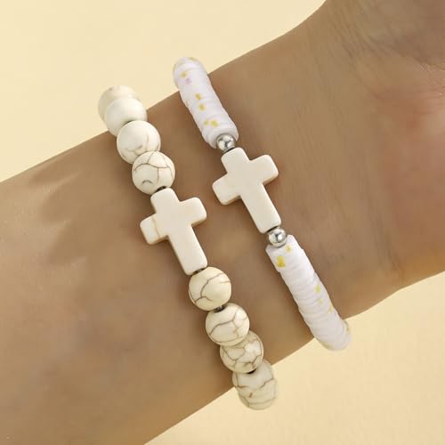 XAM 2Pcs Colorful Handmade Clay Stone Cross Beaded Bracelet for Men Women Inspirational Cross Faith Bracelet for Christian Easter Thanksgiving Christmas Birthday Gifts Jewelry - color: White