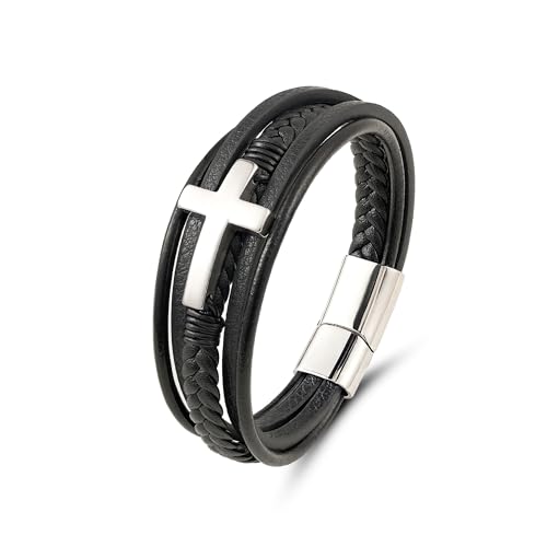 Mens Leather Cross Bracelet Braided Multi Layer Wristband with Stainless Steel Clasp - Christian Religious Gifts for Him(Brown/Black/Blue) - color: Black Leather&Silver Plated, size: 8.3in(Fits most wrists)
