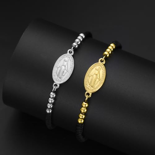 VASSAGO Virgin Mary Bracelet for Women Men Double-Sided Virgen de Guadalupe Rosary Bracelet Medal Handmade Braided Rope Catholic Christian Religious Jewelry Gift - color: silver-black string