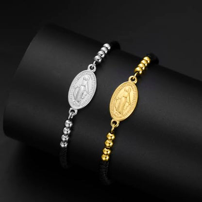 VASSAGO Virgin Mary Bracelet for Women Men Double-Sided Virgen de Guadalupe Rosary Bracelet Medal Handmade Braided Rope Catholic Christian Religious Jewelry Gift - color: silver-black string