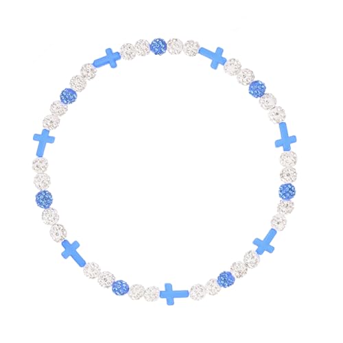 Baseball Bead Cross Necklace for Boys Kids, Elastic Rhinestone Bling Necklace Drip Gifts for Teens Players - color: Blue Cross/White/Teal Blue