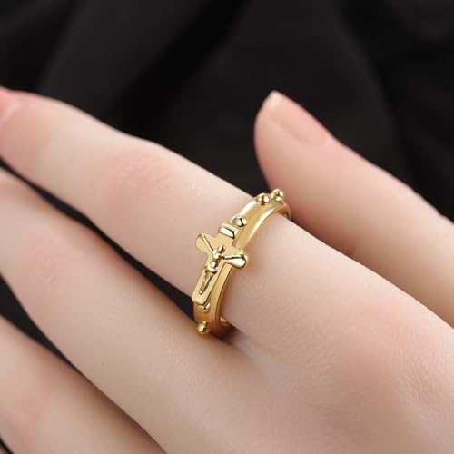 Jesus Cross Ring for Men: Gold Stainless Steel Christian Religious Ring Band Faith Jewelry Gifts for Husband Dad Boyfriend, Size 8-13