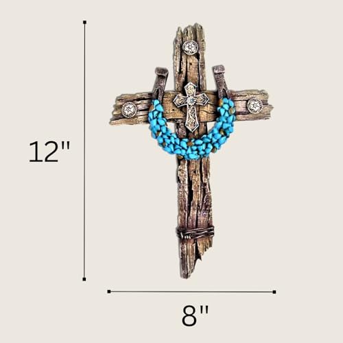 Rustic Drifted Wood Look Wall Cross - Turquoise Decor Horseshoe Wall Art