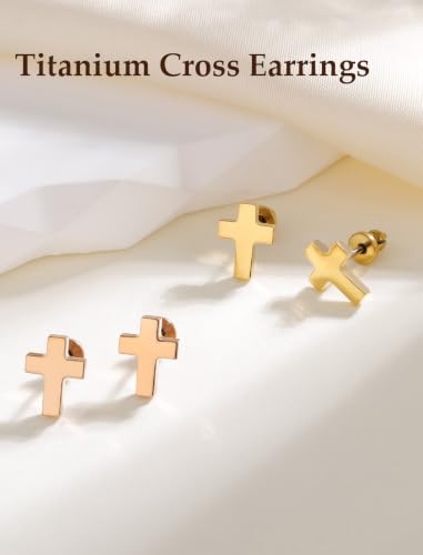 Limerencia Titanium Stud Earrings, Cross Earrings for Sensitive Ears - color: Gold +Butterfly Back