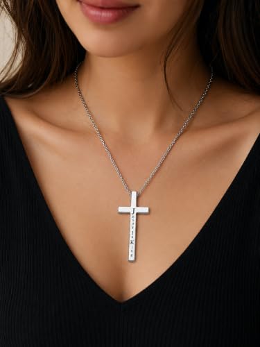 Engraved Cross Necklace for Men, Women & Boys & Girls Cross Necklace, Stainless Steel Cross Pendant Necklace, Faith & Inspiration Christian Jewelry Gift - color: Jesus Is King