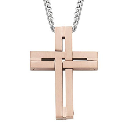 Men's Cross Pendant Necklace in 316L Stainless Steel Interlocking Woven Cross on 24” Curb Chain, Choice of Color - color: Rose Gold Stainless Steel