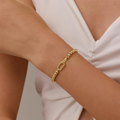 GINAZAL Gold Bead Bracelet for Women, Hypoallergenic Fade-Resistant | Brass | 14K Gold |Cubic Zirconia - color: Link