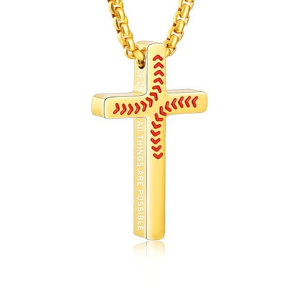 Baseball Bible Verse Cross Necklace for Boys Men, Stainless Steel Cross Pendant Baseball Game Day Christian Religious Jewelry Gifts for Teen Boys Kids - color: Gold, style: PHILIPPIANS 19:26