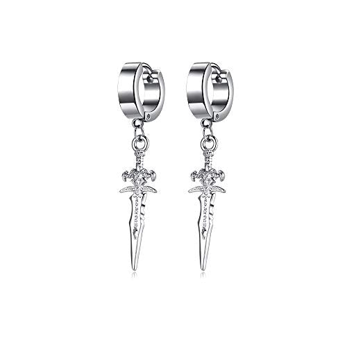 Unisex Punk Hip Hop Stainless Steel Silver Black Gold Tone Lock Thunder Lightning Bolt Dangle Huggie Hoop Earrings Gift for Women Men Boy Teens - color: Silver-Cross Sword