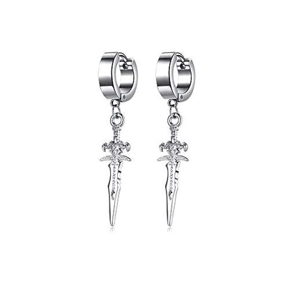 Unisex Punk Hip Hop Stainless Steel Silver Black Gold Tone Lock Thunder Lightning Bolt Dangle Huggie Hoop Earrings Gift for Women Men Boy Teens - color: Silver-Cross Sword